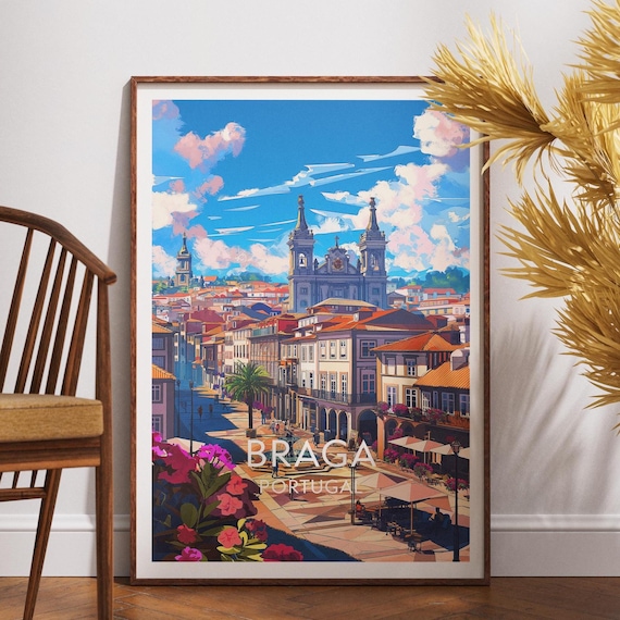 Braga Portugal Sunlit Church Plaza with Fountain Travel Poster