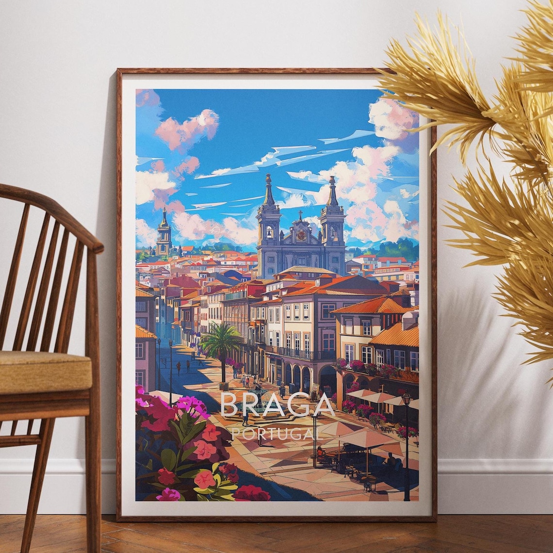 Braga Portugal Sunlit Church Plaza with Fountain Travel Poster
