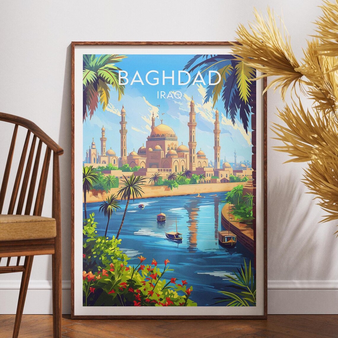 Baghdad Iraq Tigris River Golden Domes Minarets Palm Trees Travel Poster