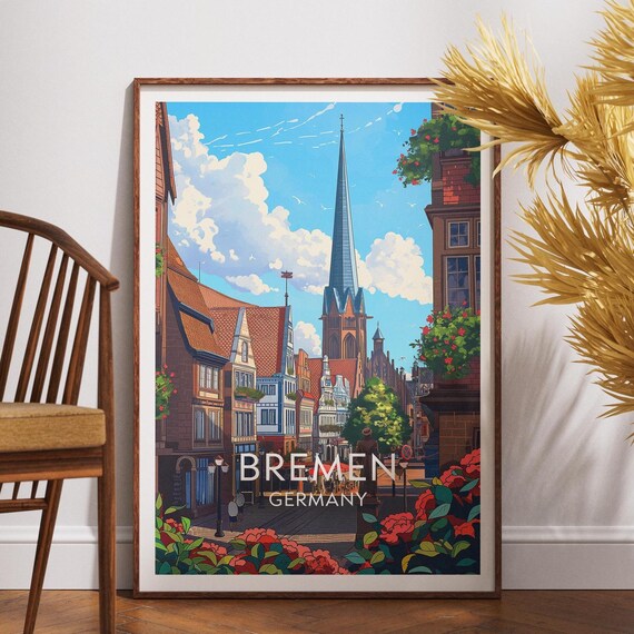 Bremen Germany Church Spire Travel Poster Colorful Old Town Wall Decor