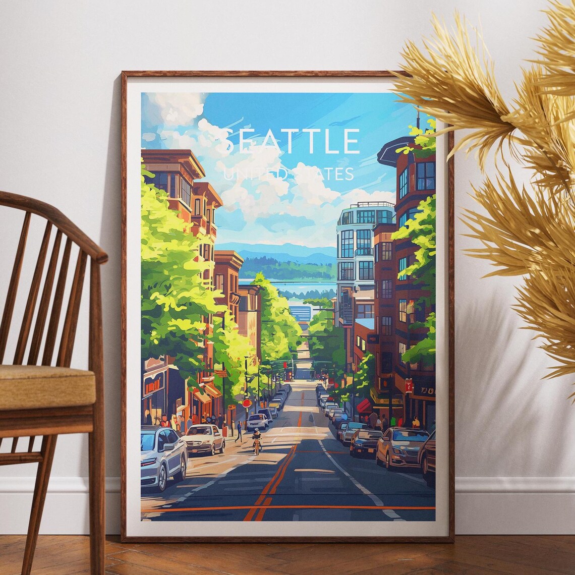 Seattle City Street Green Hills Puget Sound Retro Travel Poster Art