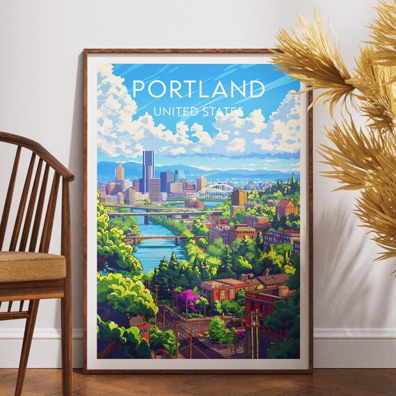 Portland Oregon Skyline River Bridges Green Hills Scenic Art Print