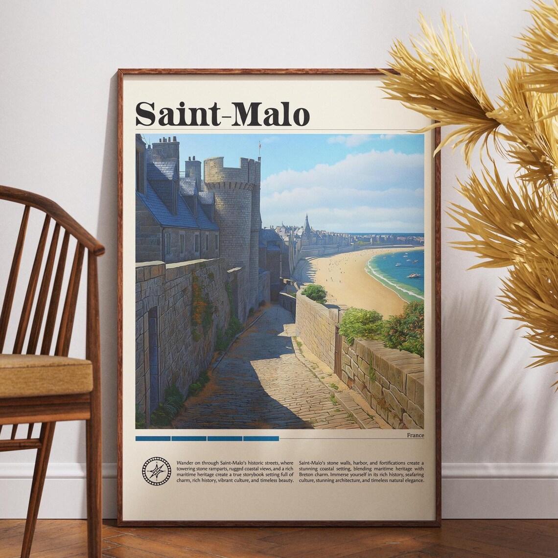 Saint Malo France Old Town Walls Beach Vintage Travel Poster