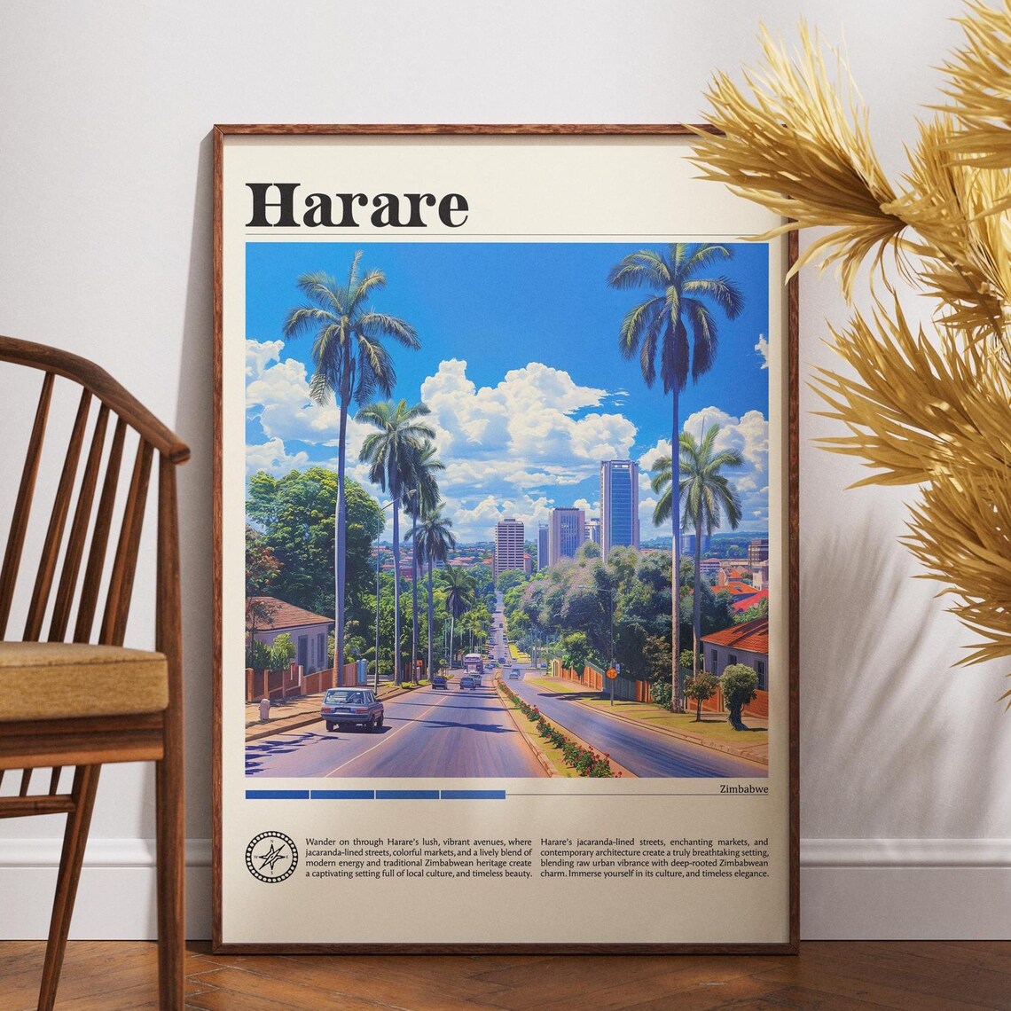 Harare Zimbabwe Palm Lined Avenue City Skyline Travel Poster