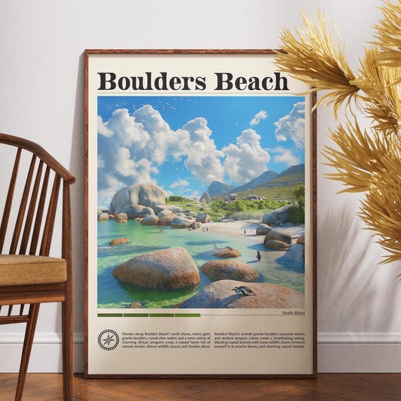 Boulders Beach Travel Print South Africa Poster Wall Art Penguins