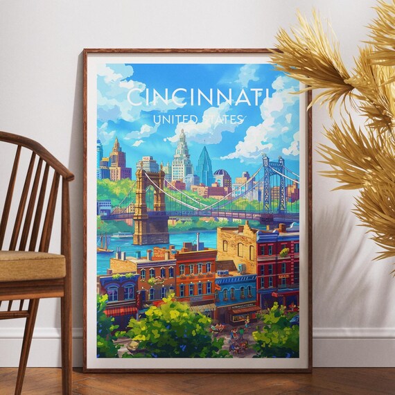 Cincinnati Retro Travel Art Vintage Skyline City Adventure Wall Poster