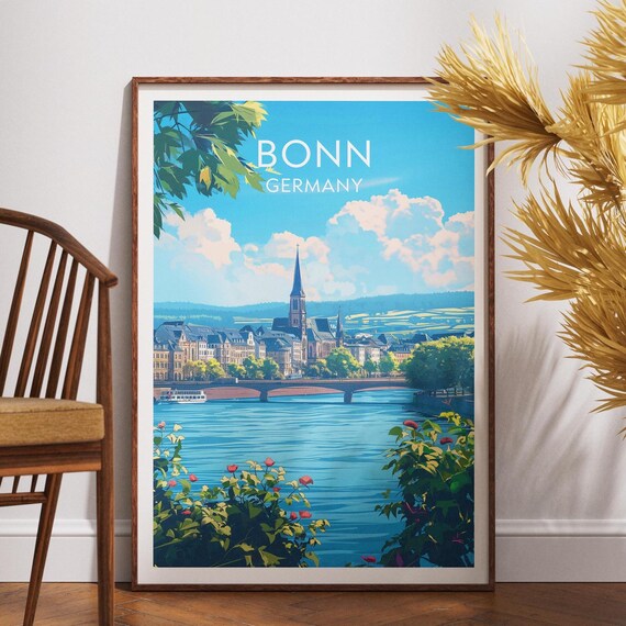 Bonn Germany Rhine River Travel Poster Church Bridge City Wall Decor