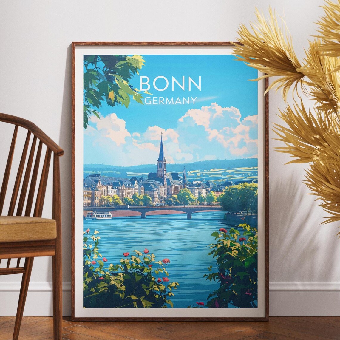 Bonn Germany Rhine River Travel Poster Church Bridge City Wall Decor