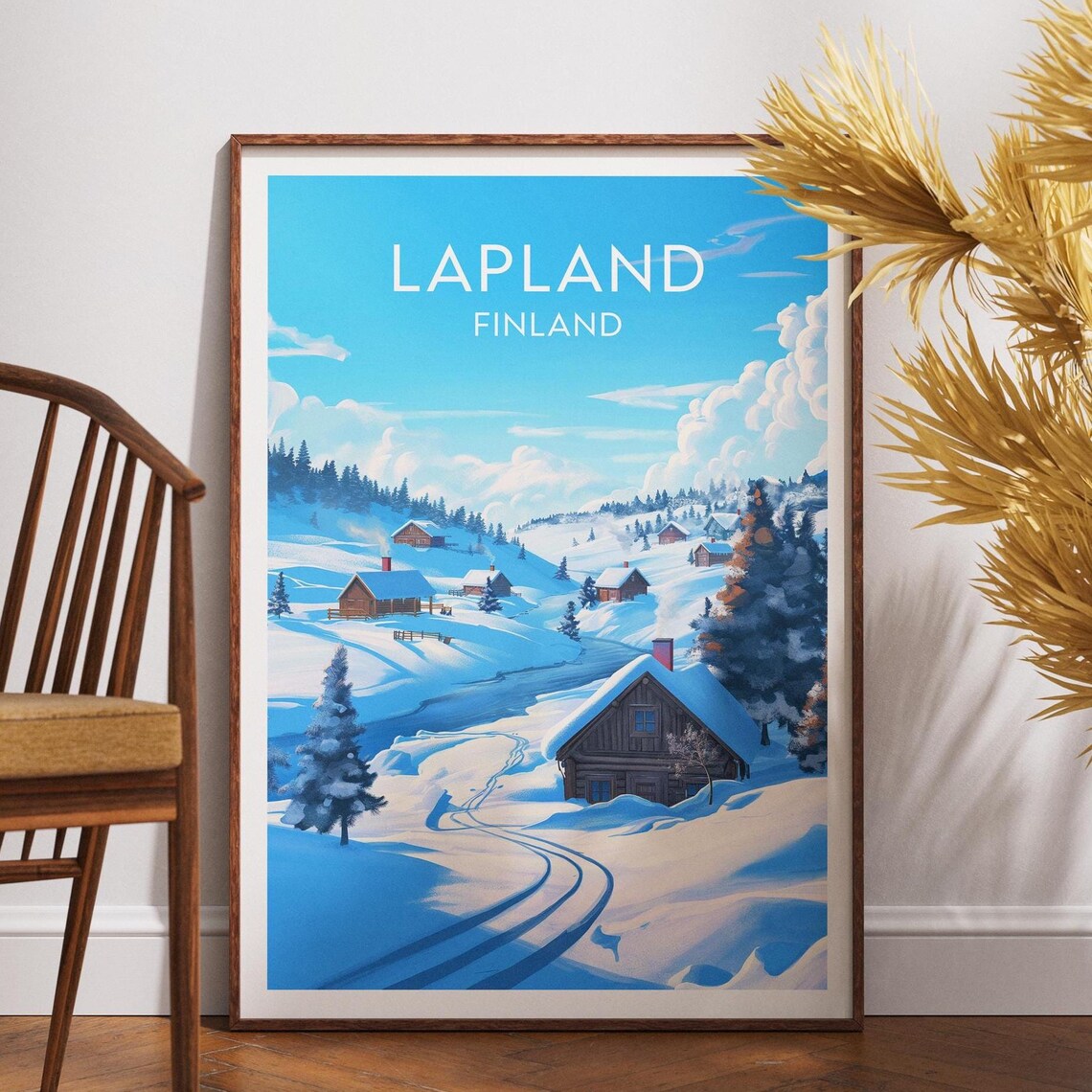 Lapland Finland Winter Travel Poster Snowy Village Cabin Wall Decor