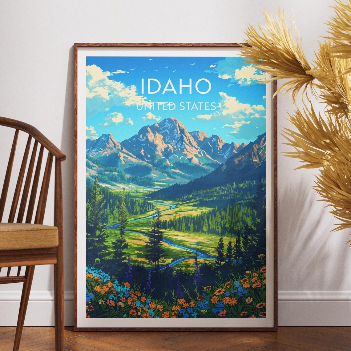 Idaho United States Mountain Valley River Wildflower Travel Poster