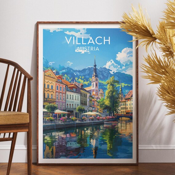 Villach Austria Riverside Old Town Mountain View Travel Poster