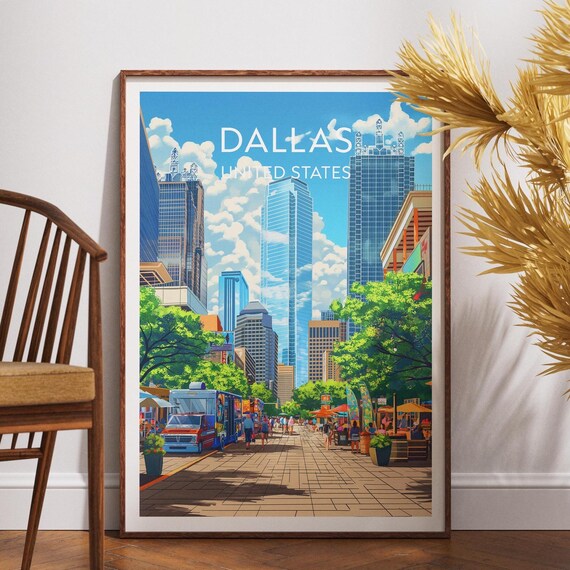 Dallas Texas Vintage Travel Art Skyline Retro City Adventure Wall Poster