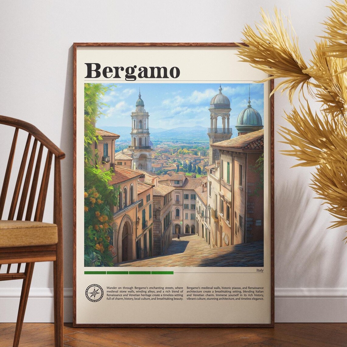 Bergamo Old Town Towers and Rooftops Italy Vintage Travel Wall Poster
