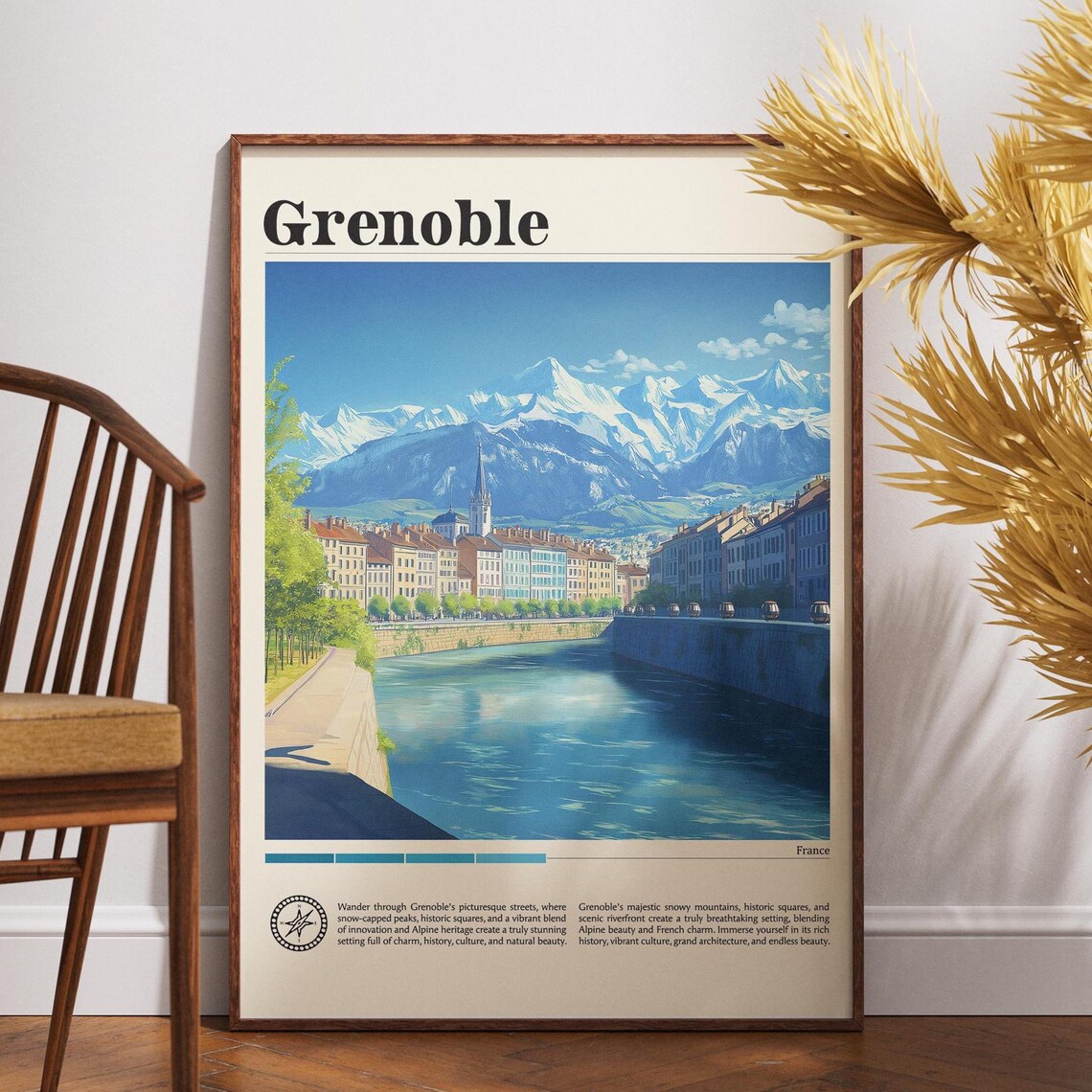 Grenoble France Alpine River Snow Capped Peaks Cityscape Travel Poster
