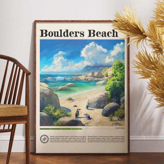 Boulders Beach Travel Print South Africa Poster Wall Art Penguins