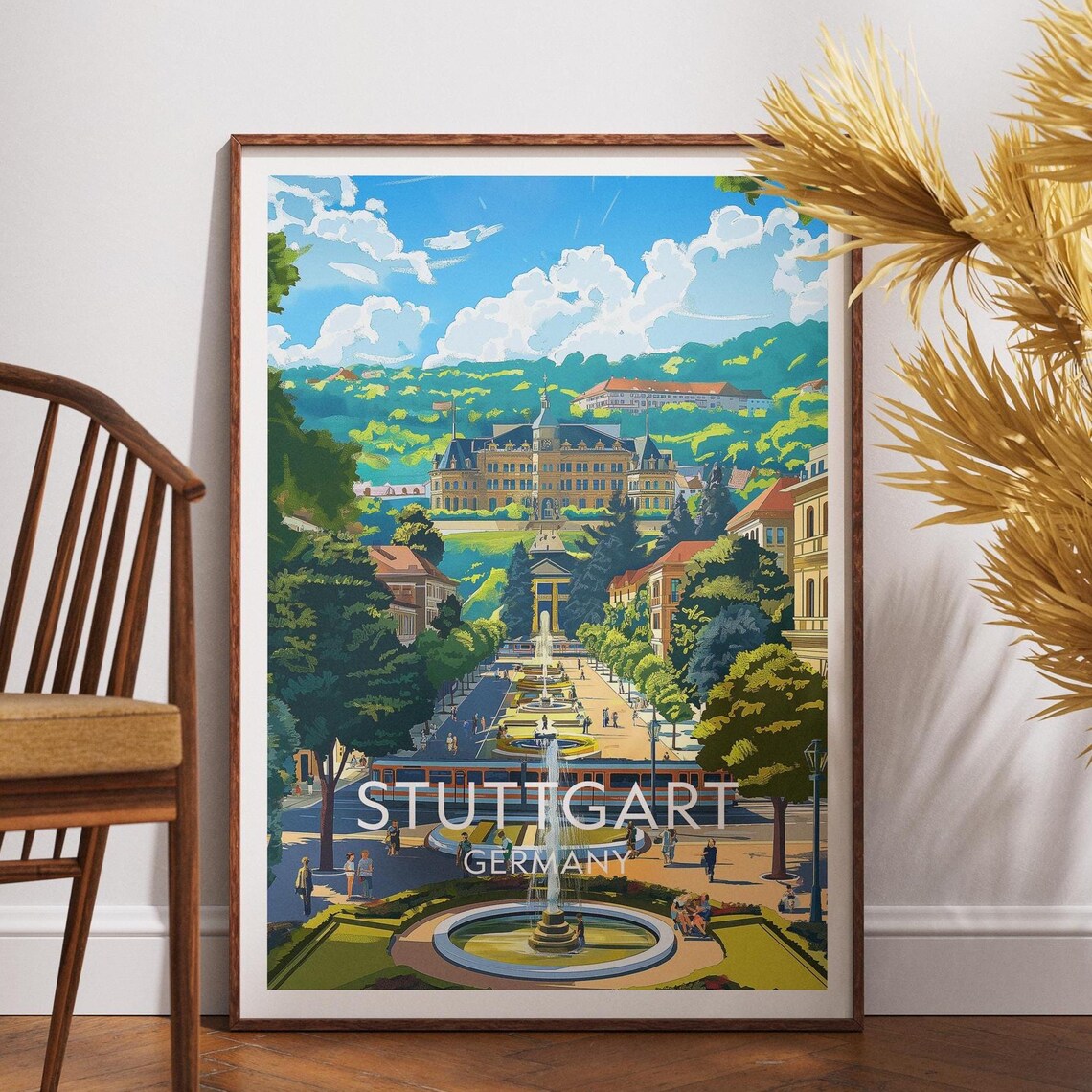 Stuttgart Germany Palace Gardens Fountains Vintage Travel Poster