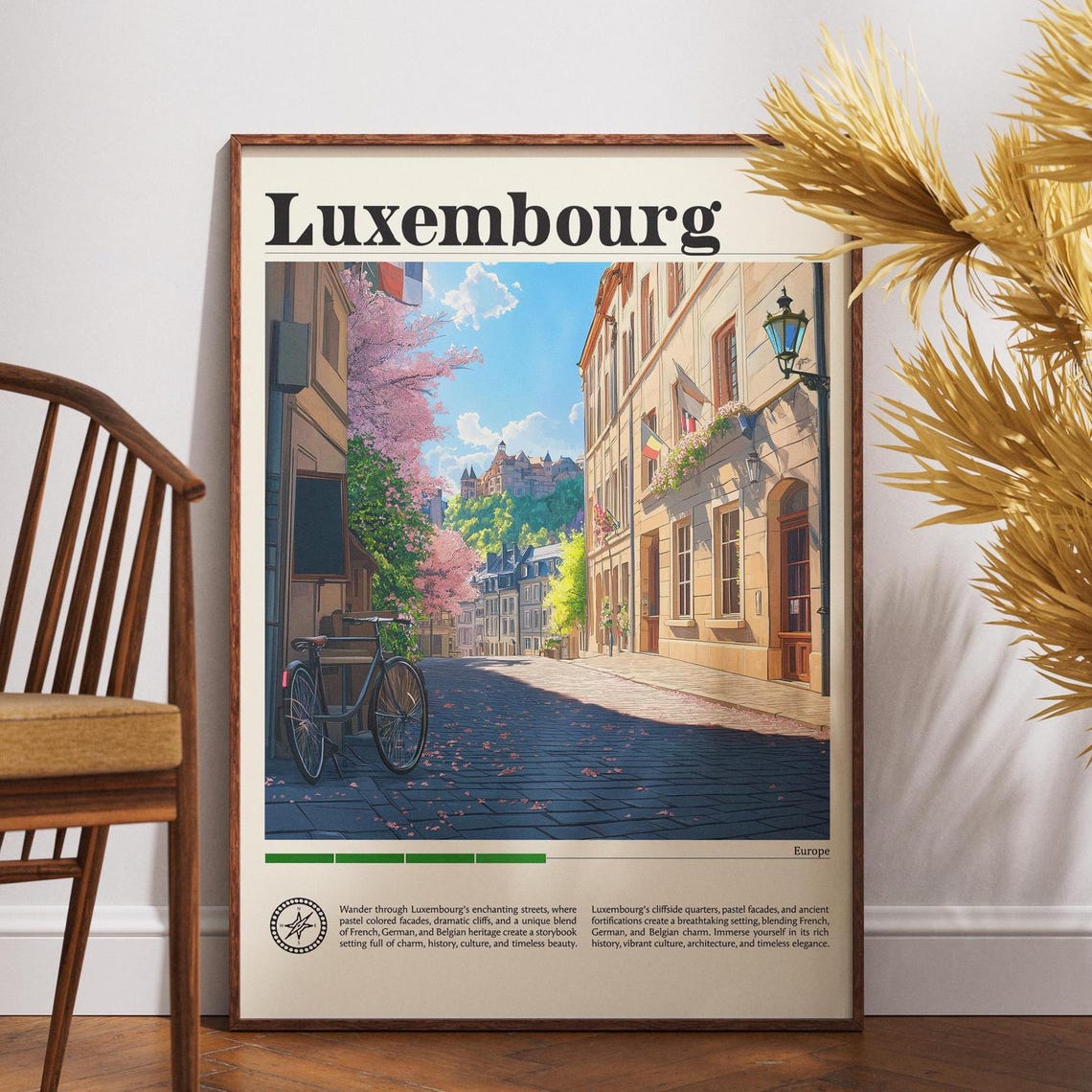 Luxembourg Cobblestone Street Bicycle Blossom Vintage Travel Poster