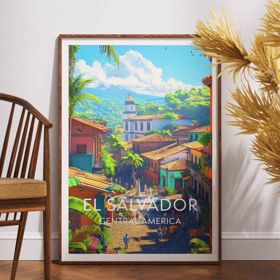 El Salvador Colonial Town Square Church Fountain Street Travel Poster