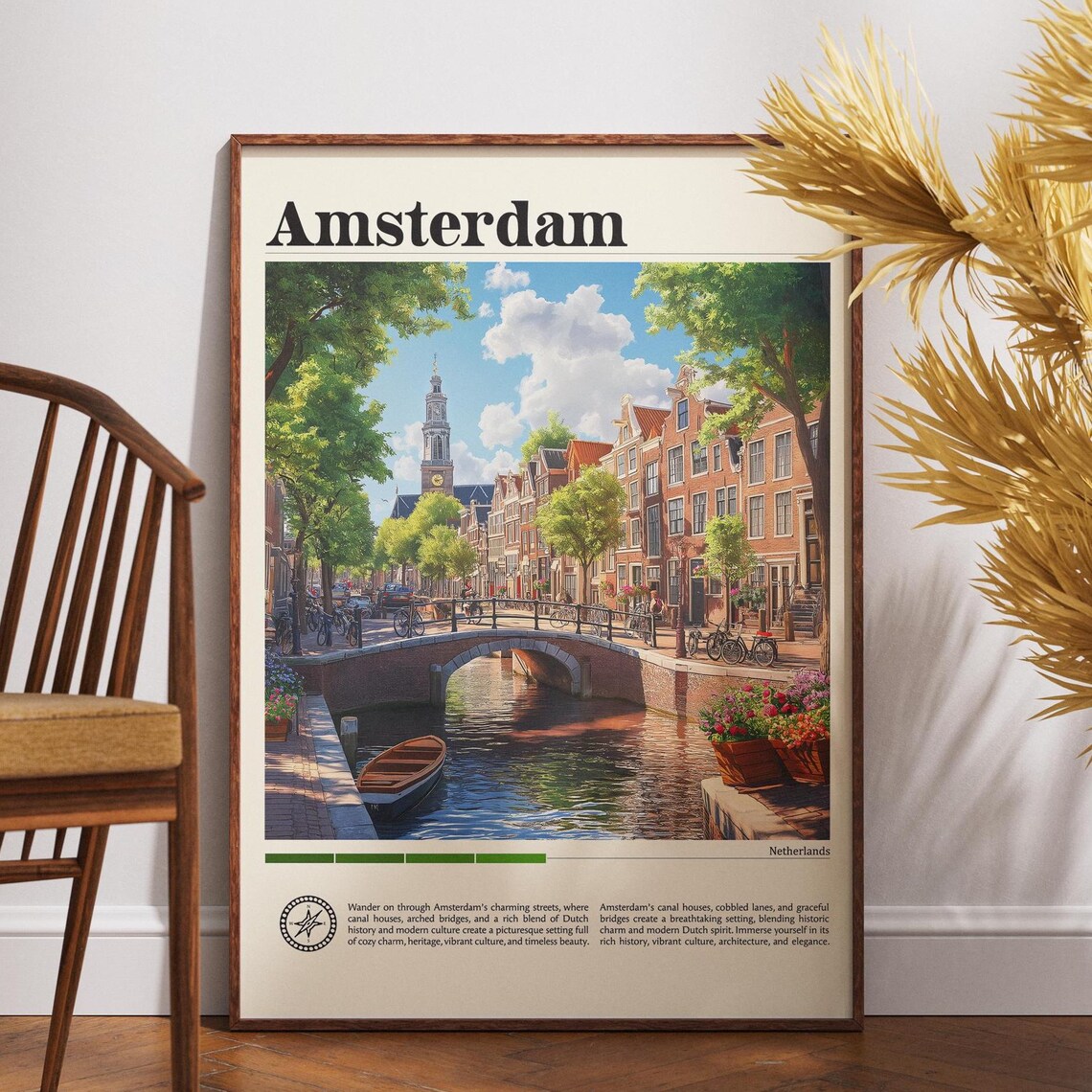 Amsterdam Canal Houses Bridge Dutch Travel Poster Netherlands Art