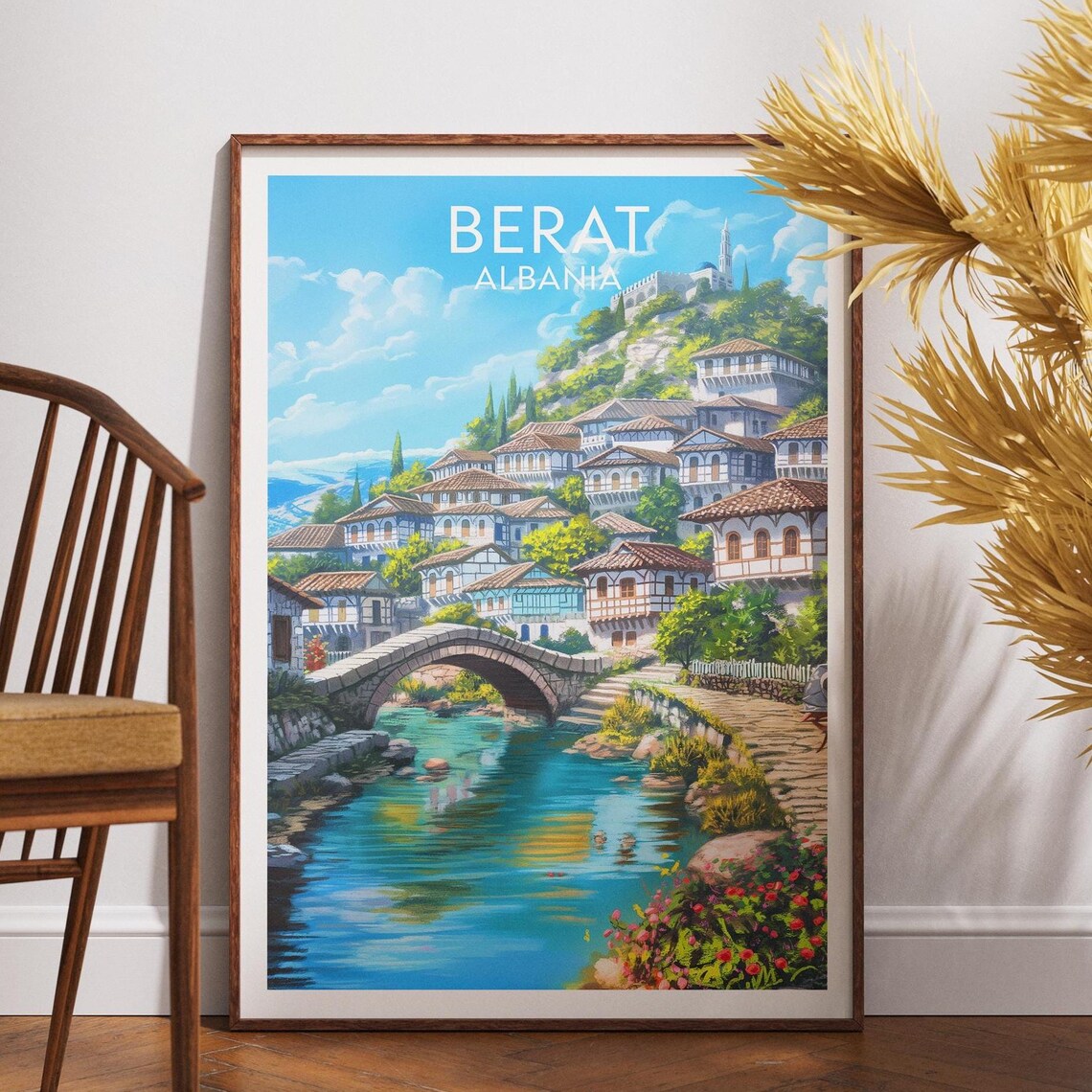 Berat Albania Travel Poster Old Town Stone Bridge River Scene