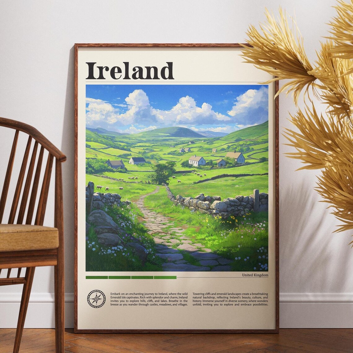 Ireland Emerald Countryside Stone Walls Vintage Travel Poster