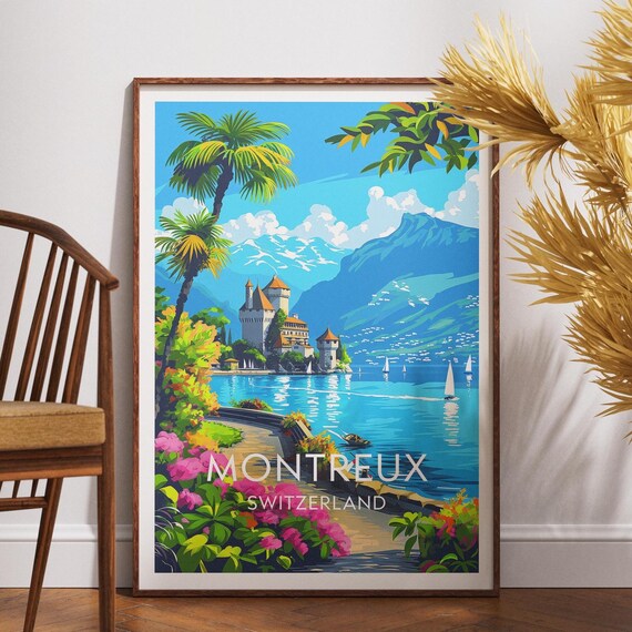 Montreux Switzerland Lake Geneva Castle Colorful Travel Poster