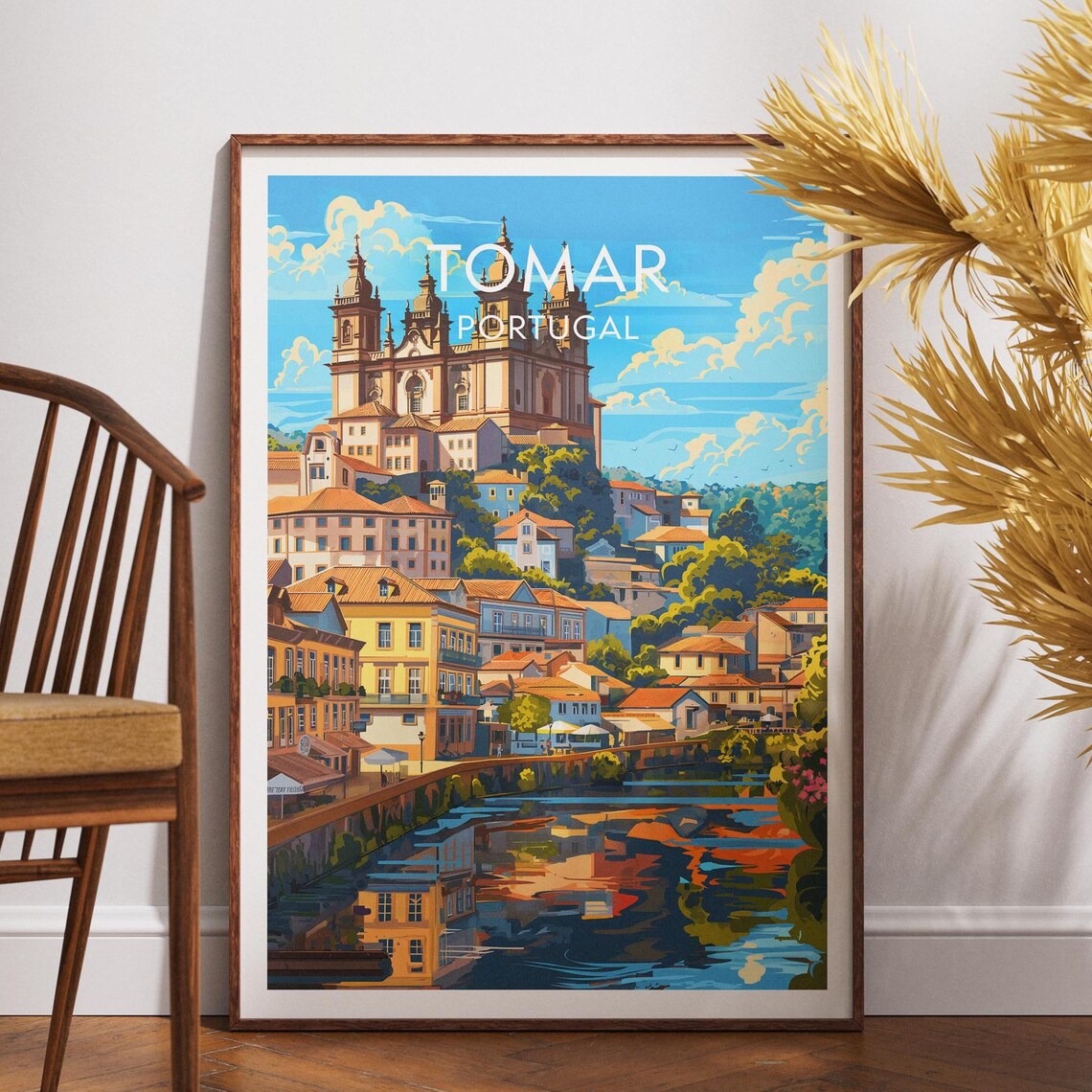 Tomar Portugal Riverside City Vintage European Travel Poster Art