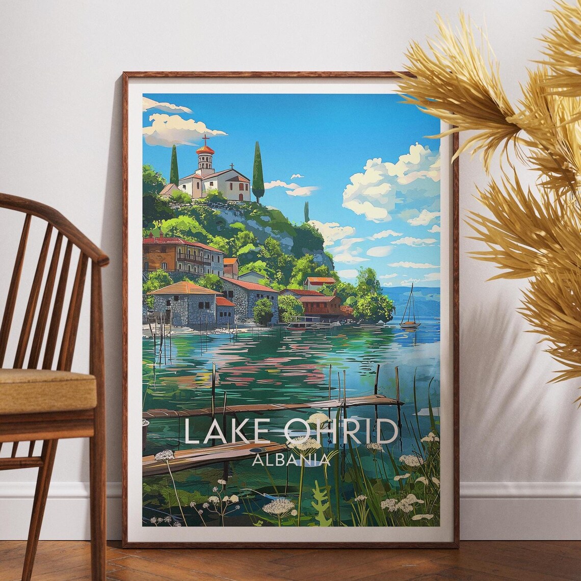 Lake Ohrid Albania Travel Poster Colorful Lakeside Village Art