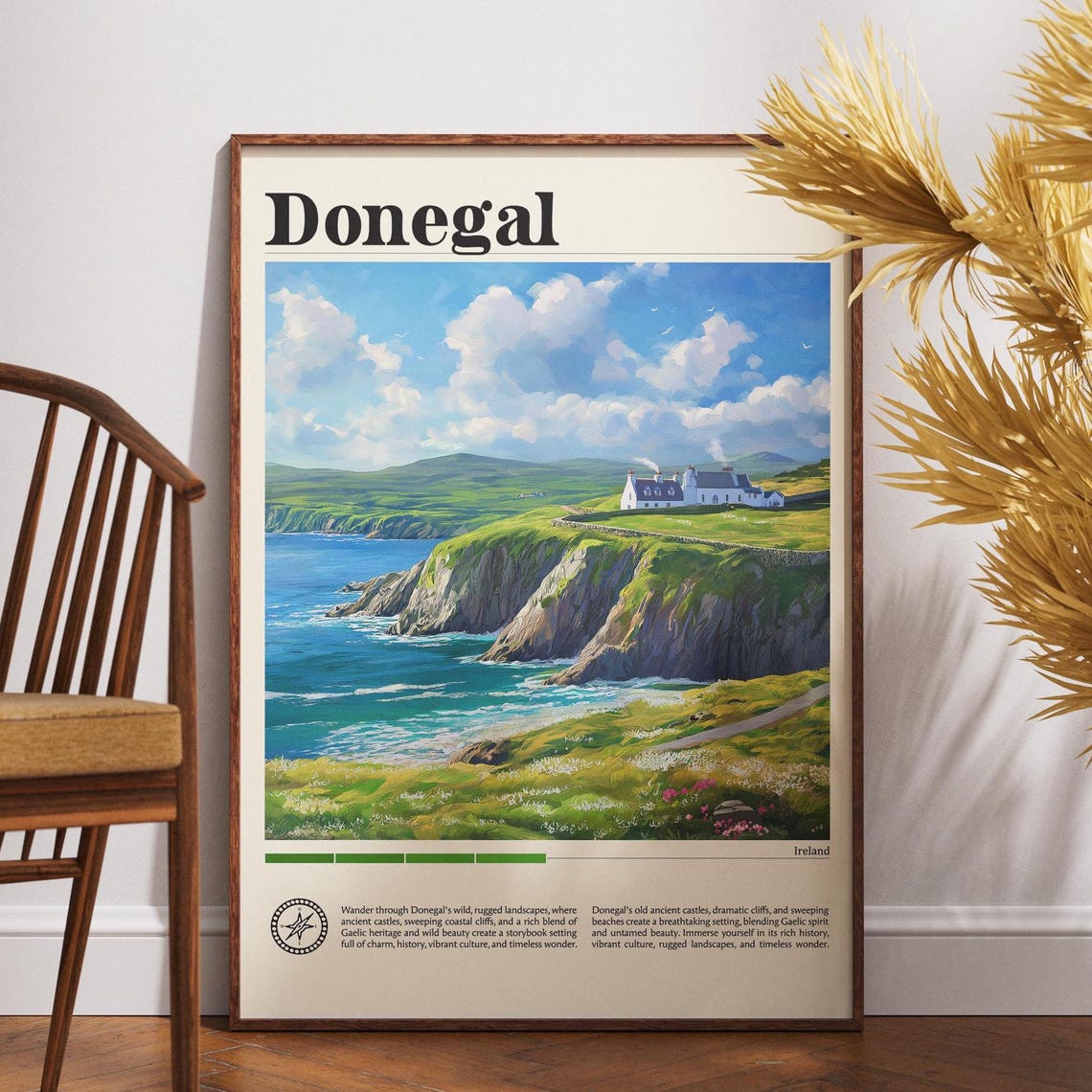 Donegal Ireland Rugged Cliffs Coastal Cottage Green Travel Poster