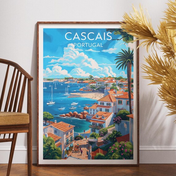 Cascais Portugal Sailboats Beach Coast Vintage Travel Poster Art
