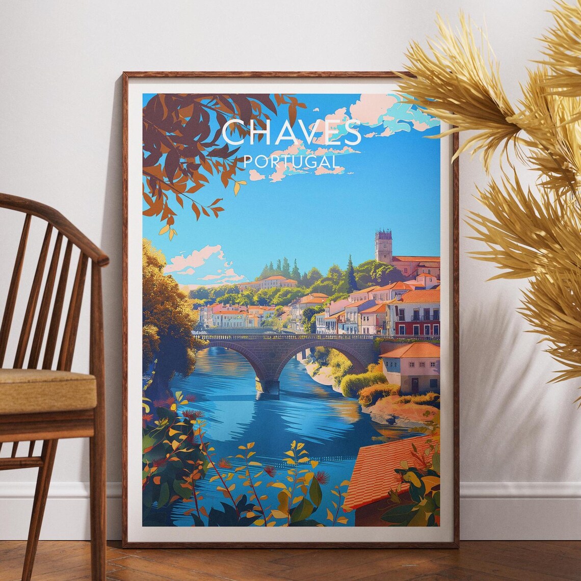 Chaves Portugal Travel Art River Stone Bridge Old Town Poster