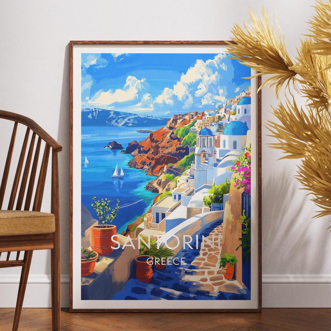 Santorini Greece Travel Poster Blue Domes Caldera Sea View Scene