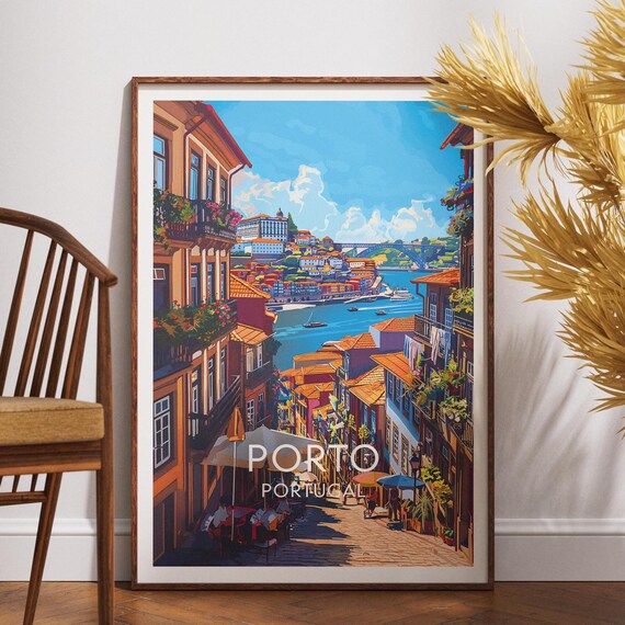 Porto Portugal Douro River Riverside Old Town Sunny Travel Poster