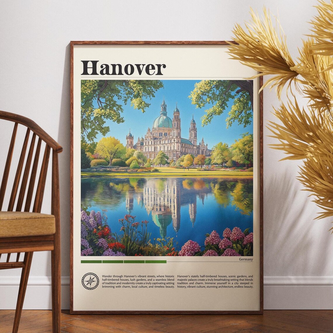 Hanover Germany City Hall Lake Reflection Vintage Travel Poster
