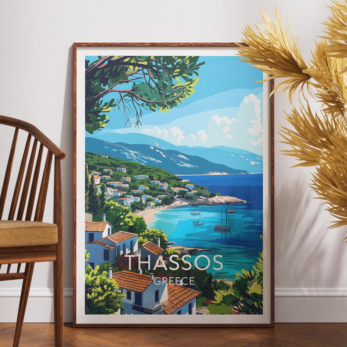 Thassos Greece Island Beach Bay Village Sailboats Travel Poster