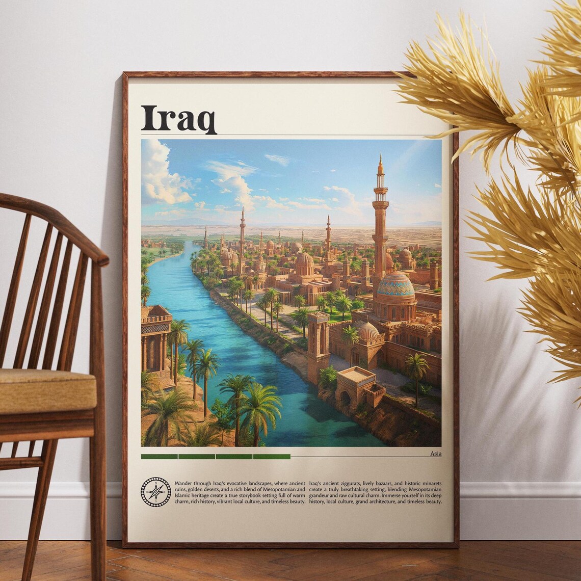 Iraq Travel Poster Tigris River Minarets Old City Skyline Decor