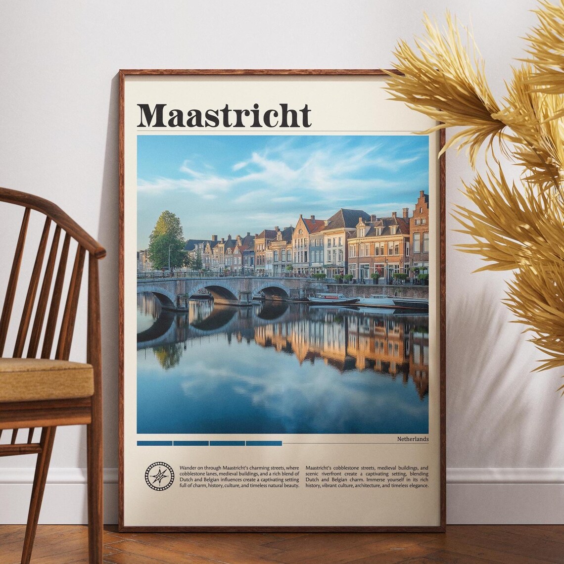 Maastricht Riverside Mirror Reflection Travel Poster Netherlands Art
