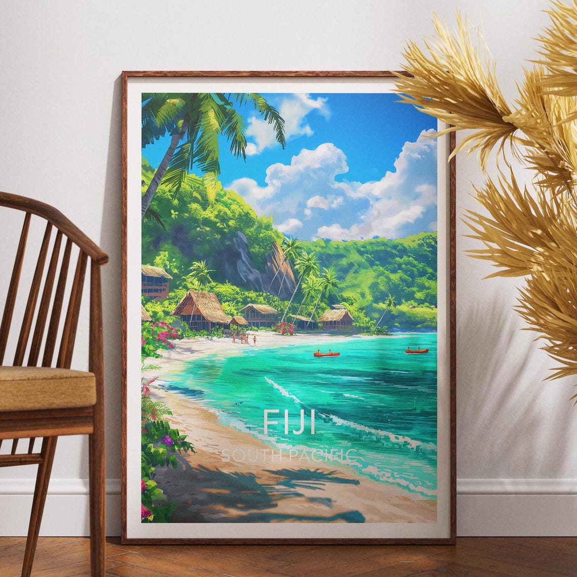 Fiji South Pacific Beach Poster with Thatched Huts and Turquoise Sea