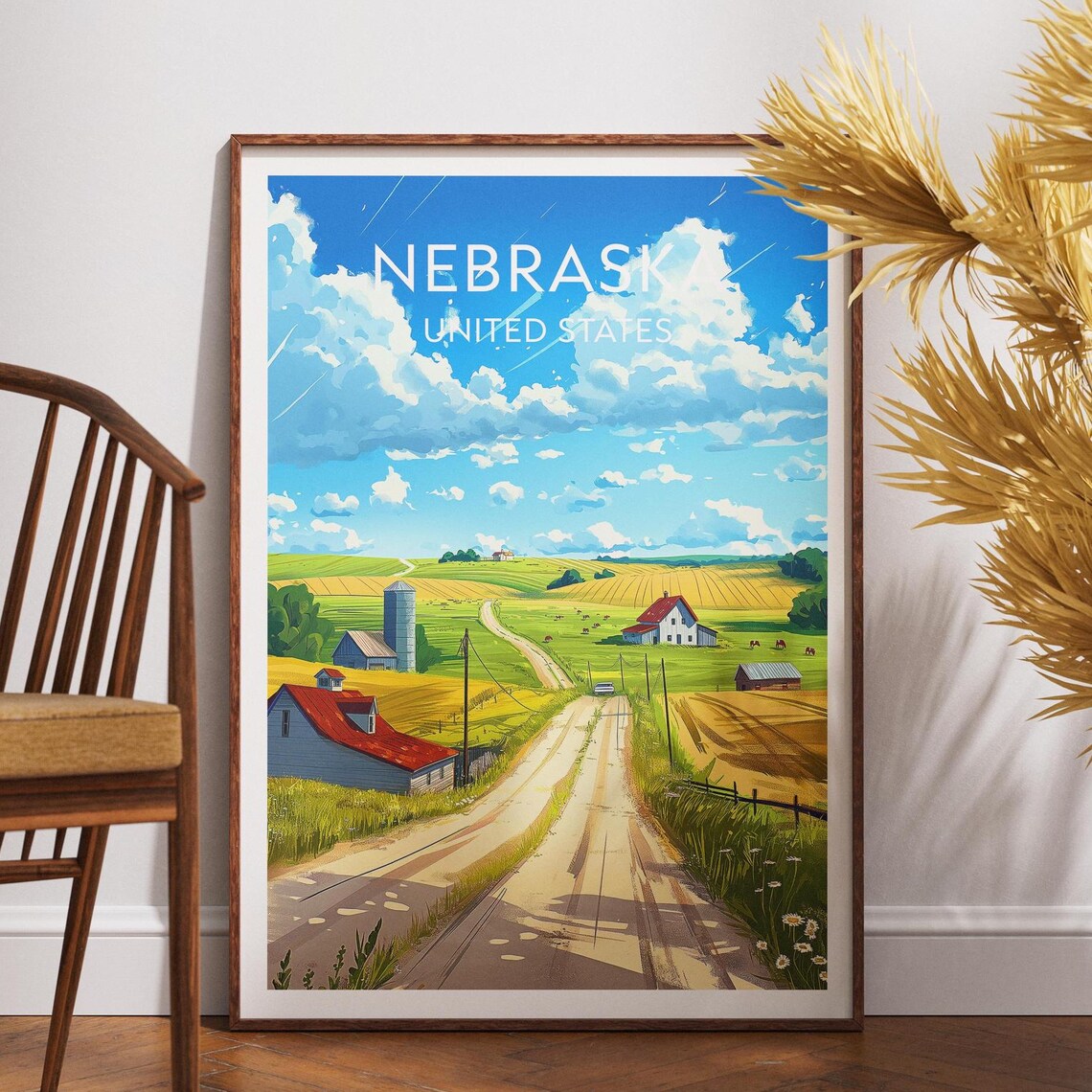 Nebraska United States Vintage Farm Road Landscape Travel Poster