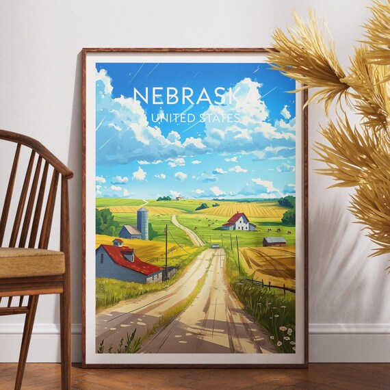 Nebraska United States Vintage Farm Road Landscape Travel Poster