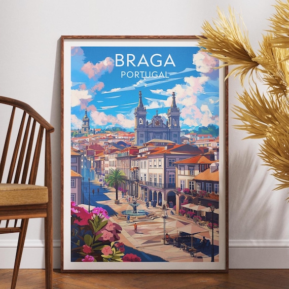 Braga Portugal Historic Church Skyline Colorful Travel Poster