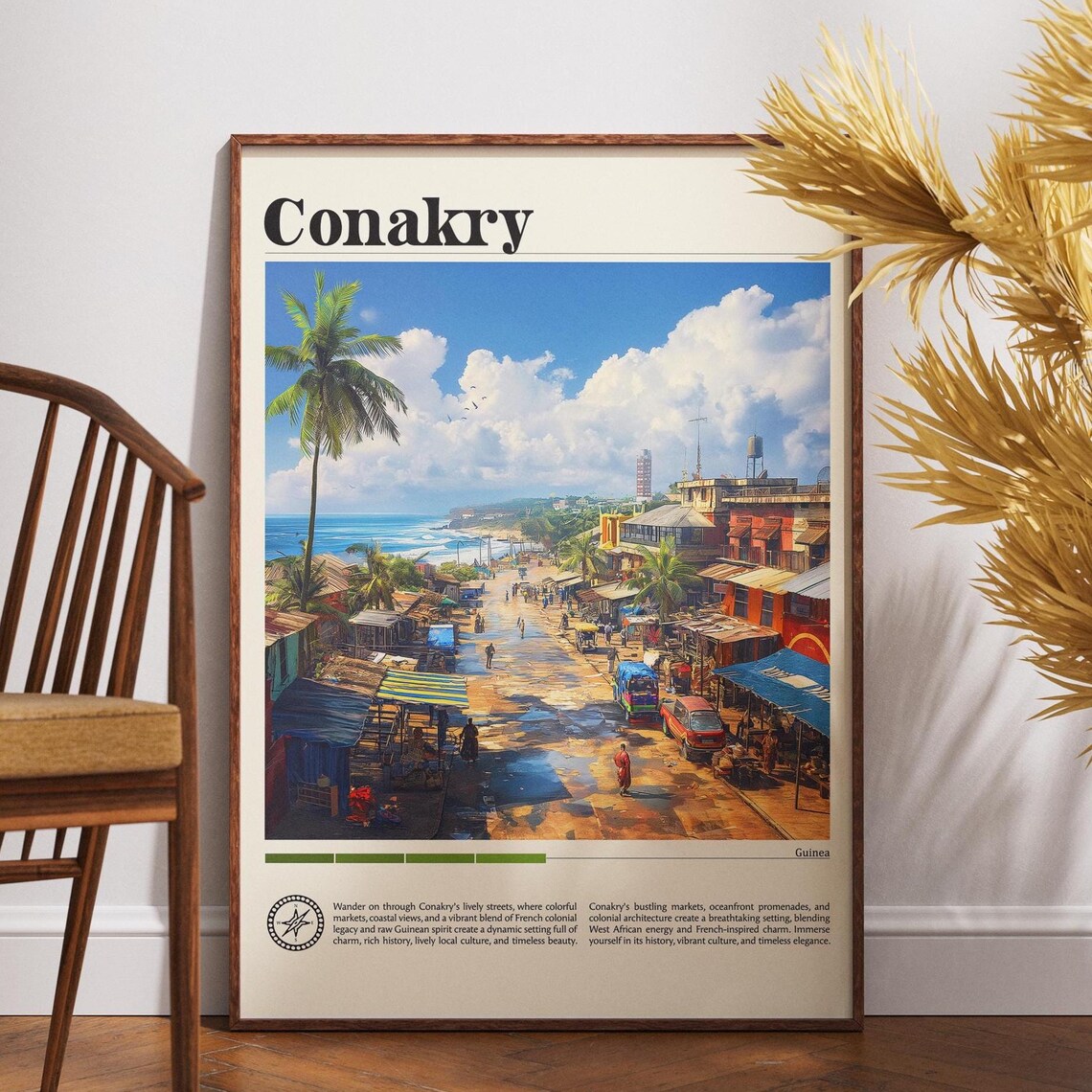 Conakry Guinea Beachside Market Ocean View Vintage Travel Poster