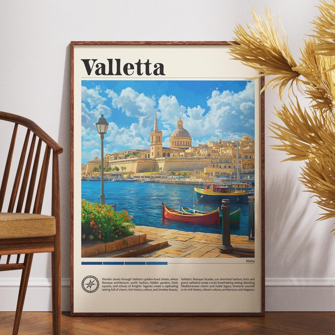Valletta Malta Grand Harbor Colorful Boats Baroque Travel Poster