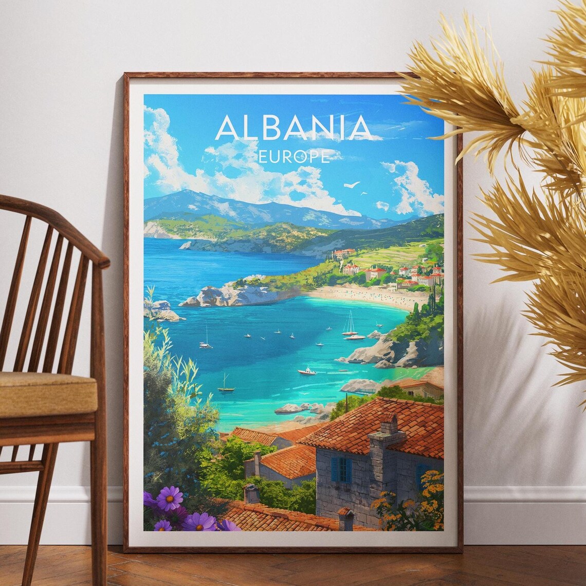 Albania Europe Travel Poster Coastal Village Cove Vintage Style