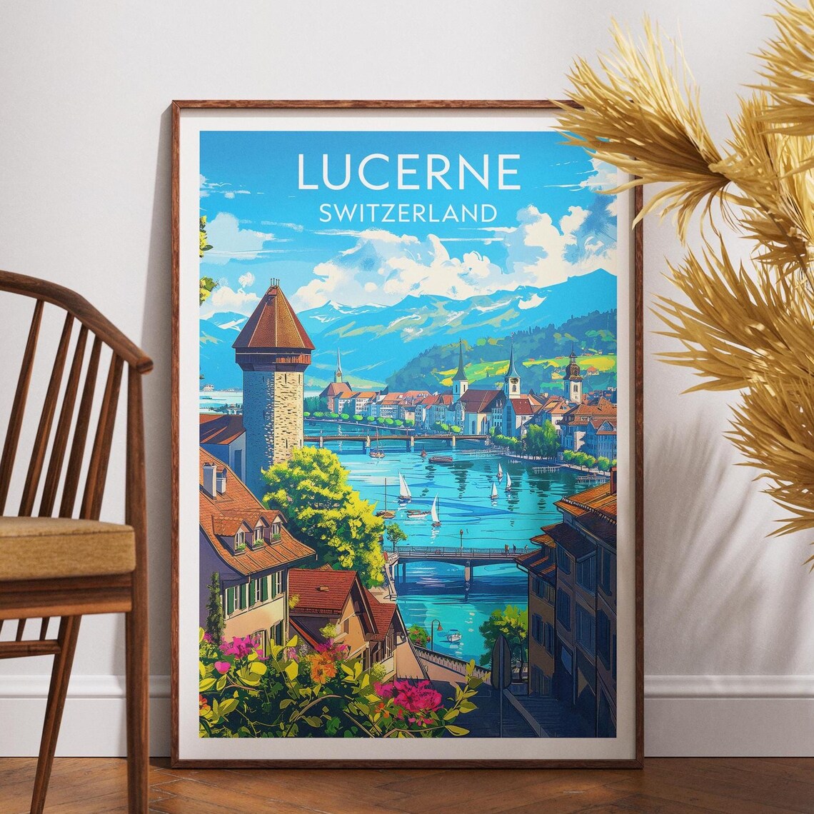 Lucerne Switzerland Old Town Lake Mountains Colorful Travel Poster