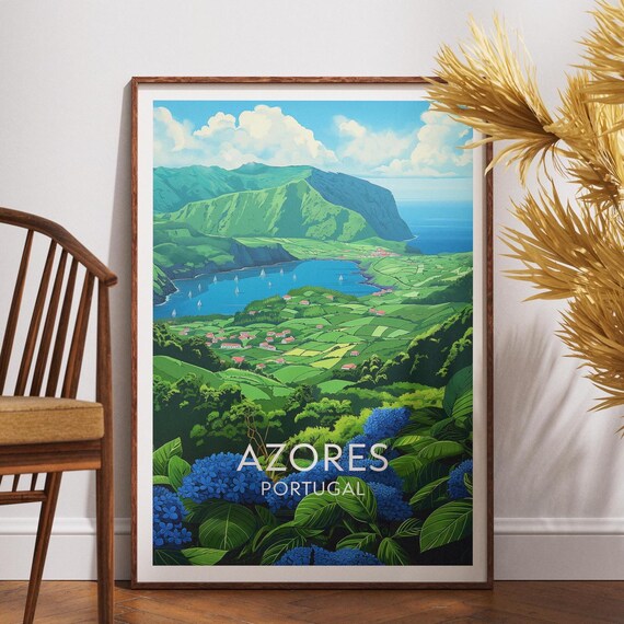 Azores Portugal Green Volcano Bay Hydrangea Islands Travel Poster