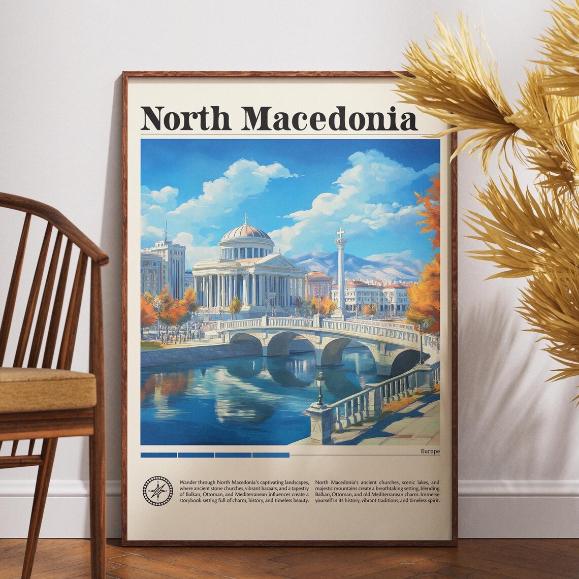North Macedonia Skopje Stone Bridge River Vintage Europe Travel Poster