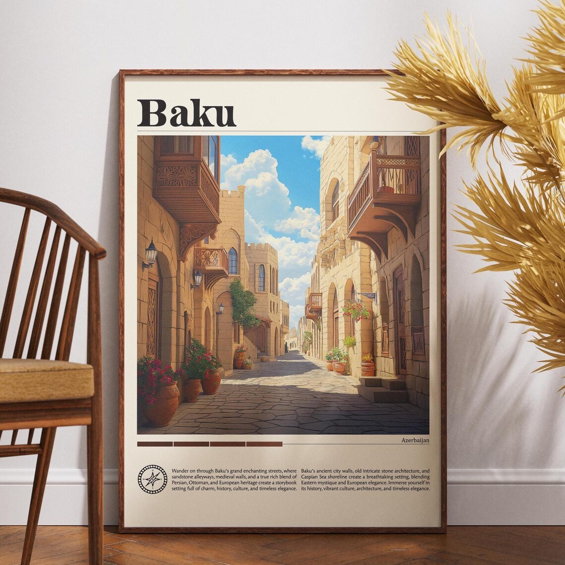 Baku Azerbaijan Old City Stone Street Historic Balcony Travel Poster