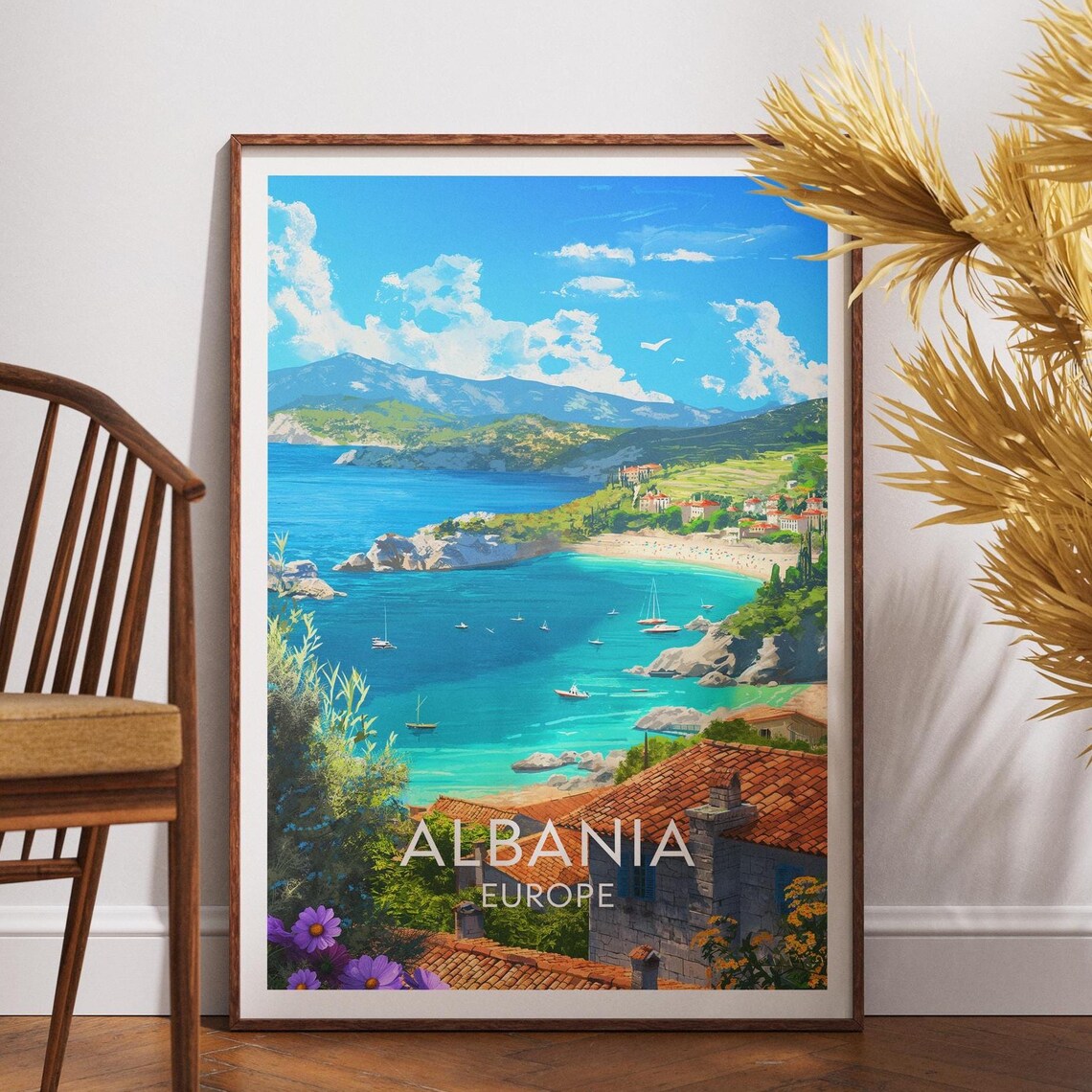 Albania Coastal Travel Poster Vintage Europe Seaside Village Art