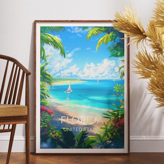Florida Beach Palm Trees Sailboat Turquoise Ocean Travel Poster